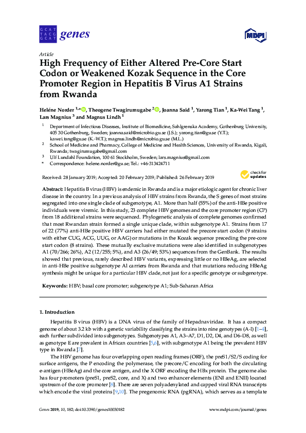 (PDF) High Frequency of Either Altered Pre-Core Start Codon or Weakened ...