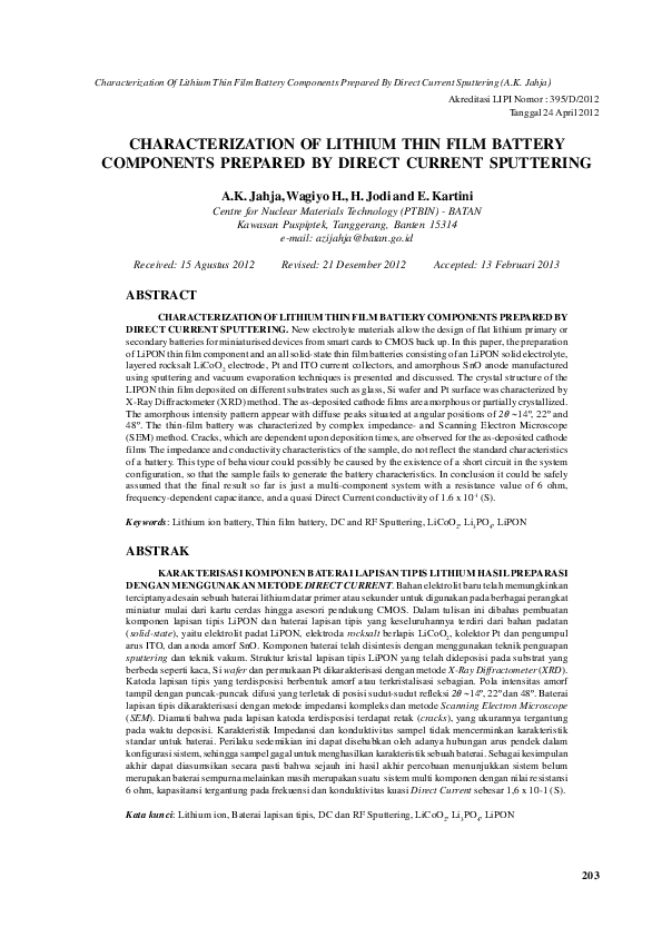 (PDF) Characterization of Lithium Thin Film Battery Components Prepared ...