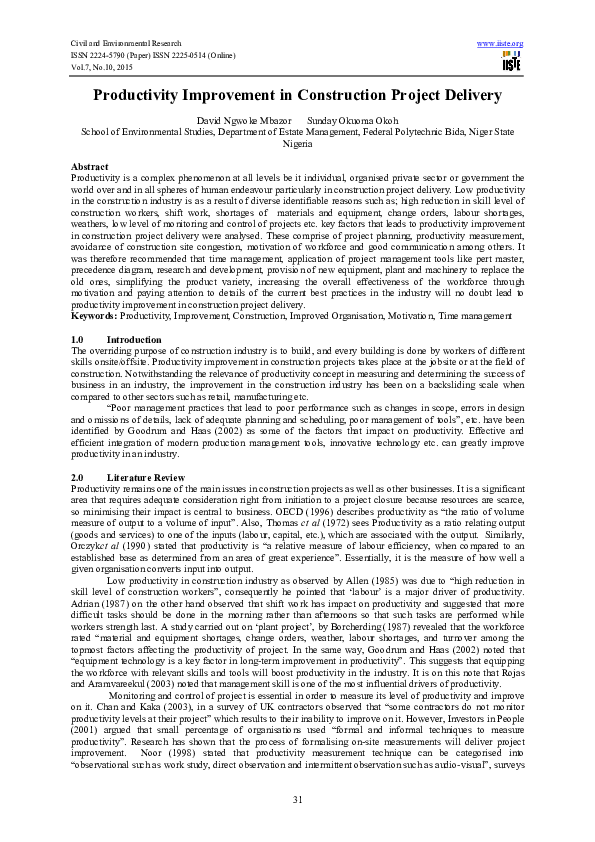 (PDF) Productivity Improvement in Construction Project Delivery