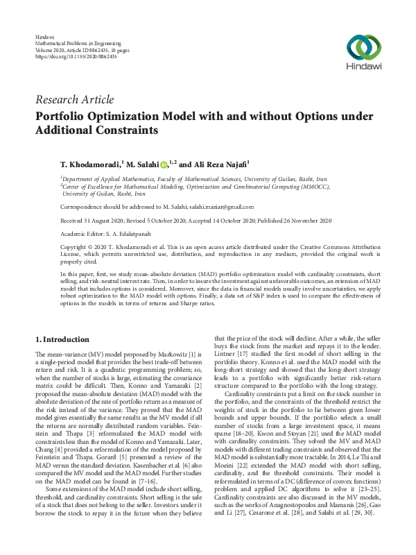 (PDF) Portfolio Optimization Model with and without Options under ...