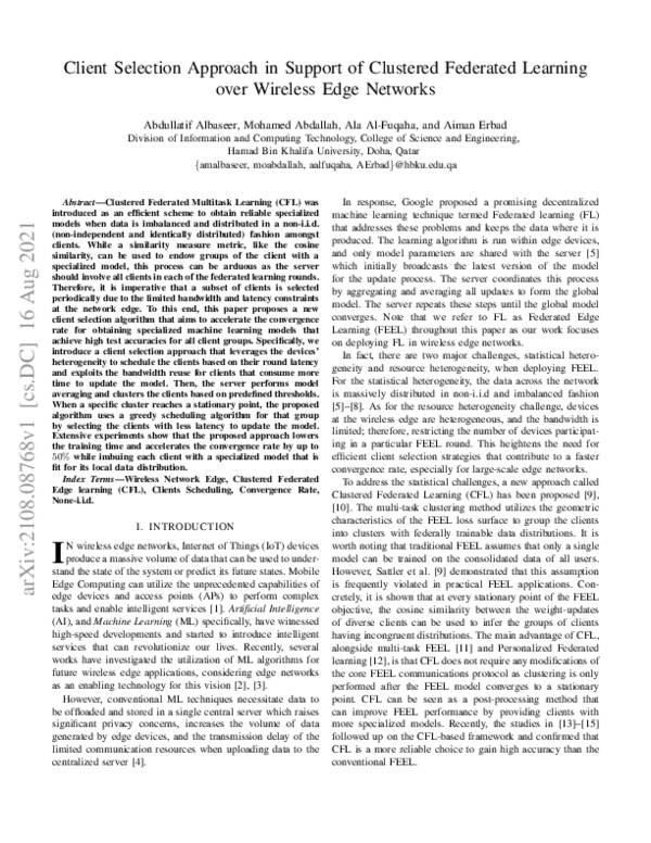 (PDF) Client Selection Approach in Support of Clustered Federated ...