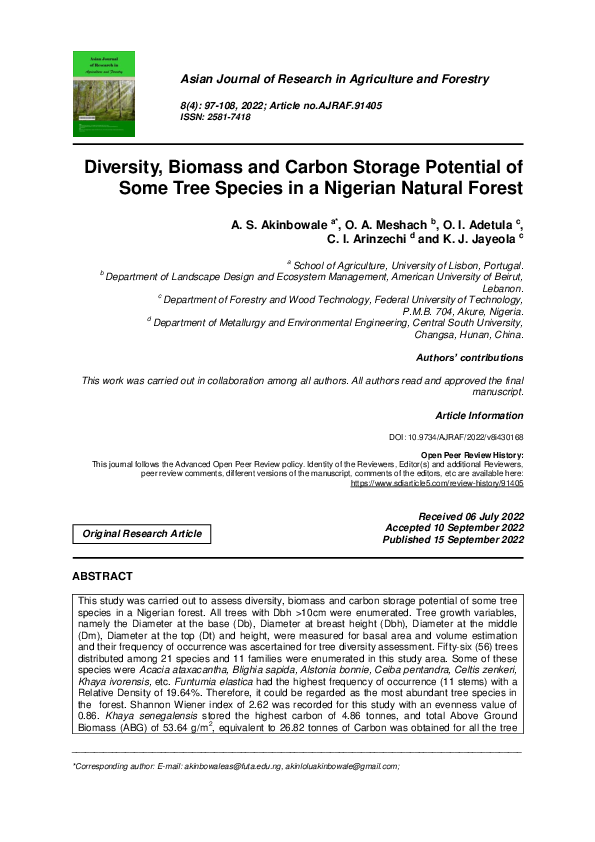 (PDF) Diversity, Biomass and Carbon Storage Potential of Some Tree ...