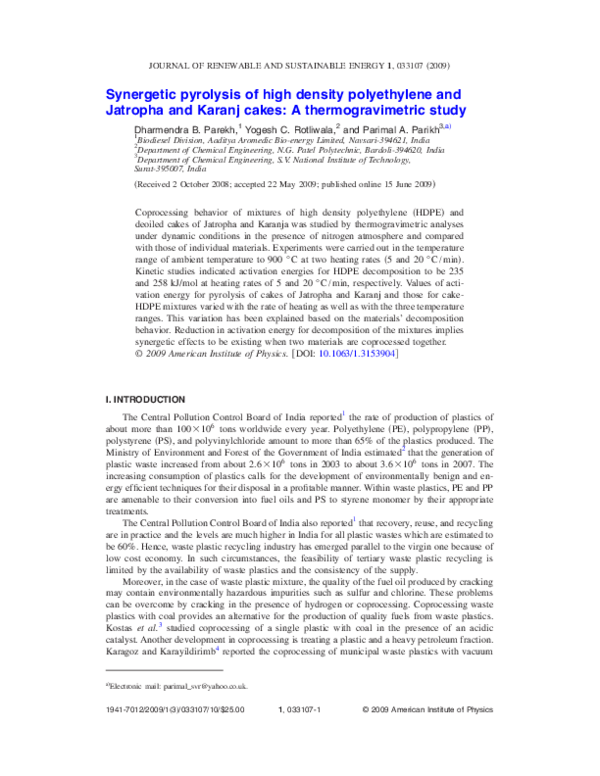 (PDF) Synergetic pyrolysis of high density polyethylene and Jatropha ...