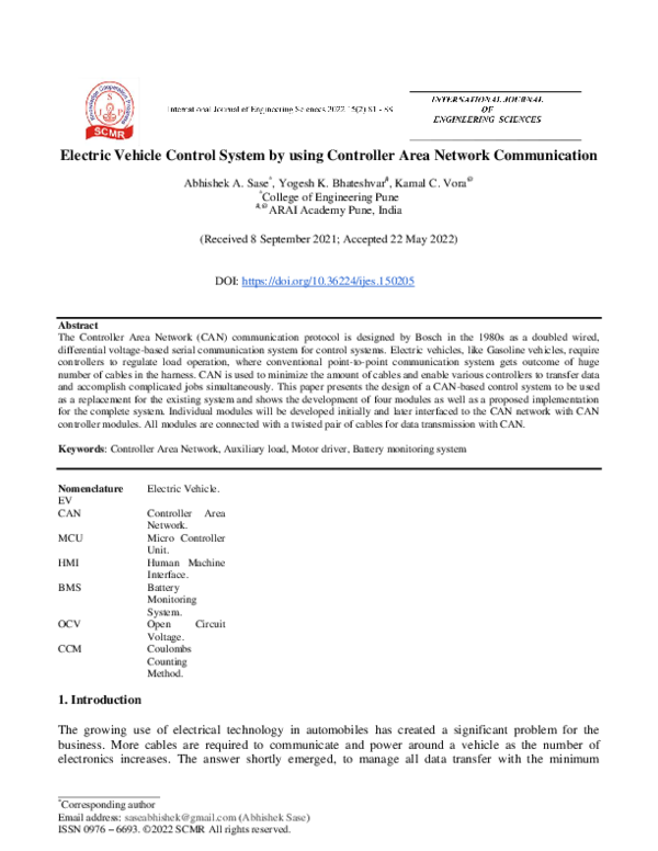 (PDF) Electric Vehicle Control System by using Controller Area Network ...