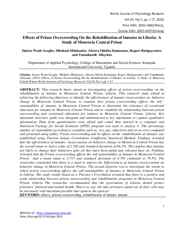 (PDF) Effects of Prison Overcrowding On the Rehabilitation of Inmates ...