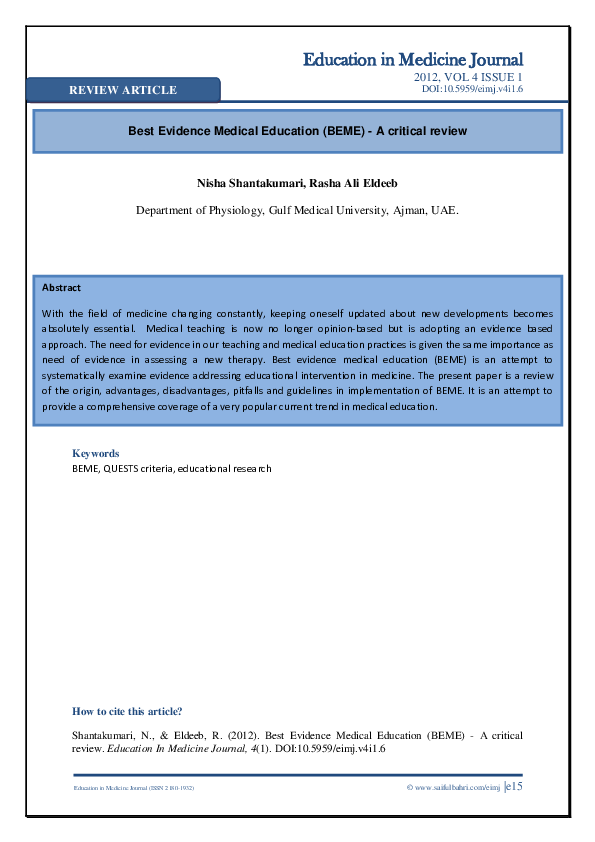 PDF) Best Evidence Medical Education (BEME) - A critical review