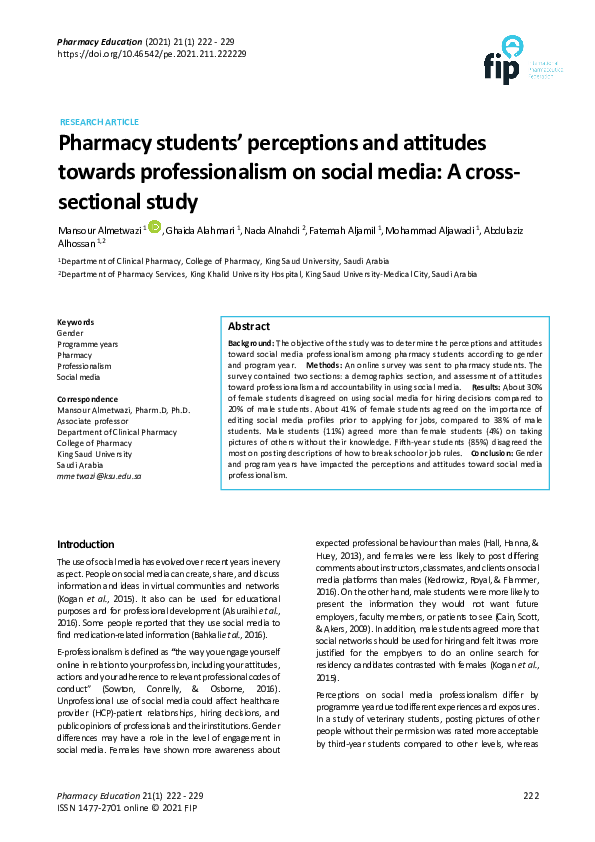 (PDF) Pharmacy students’ perceptions and attitudes towards ...