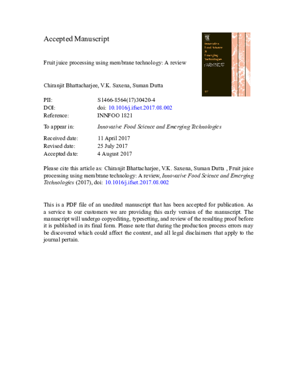 Pdf Fruit Juice Processing Using Membrane Technology A Review