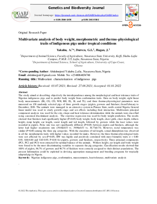 (PDF) Multivariate analysis of body weight, morphometric and thermo ...