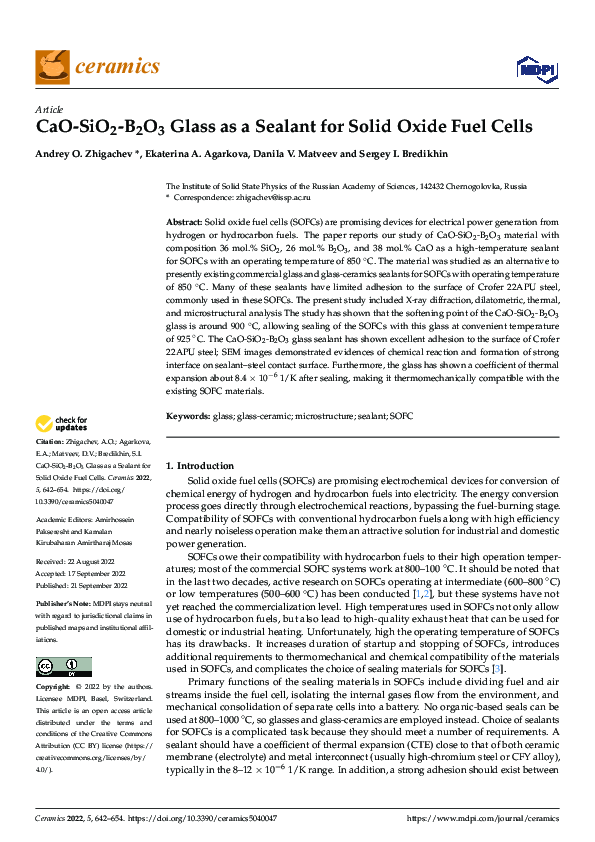 (PDF) CaO-SiO2-B2O3 Glass as a Sealant for Solid Oxide Fuel Cells