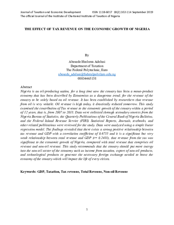 (DOC) THE EFFECT OF TAX REVENUE ON THE ECONOMIC GROWTH OF NIGERIA