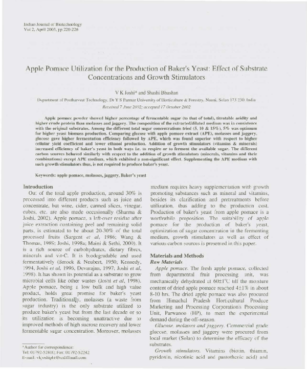 (PDF) Apple Pomace Utilization for the Production of Baker's Yeast ...