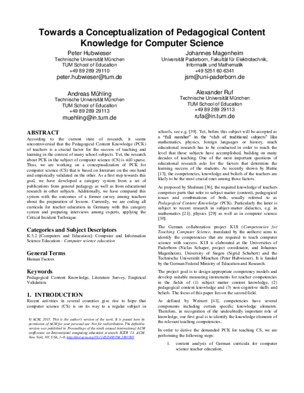 (PDF) Towards a conceptualization of pedagogical content knowledge for ...
