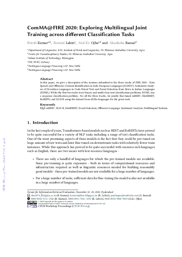 (PDF) ComMA@FIRE 2020: Exploring Multilingual Joint Training across ...