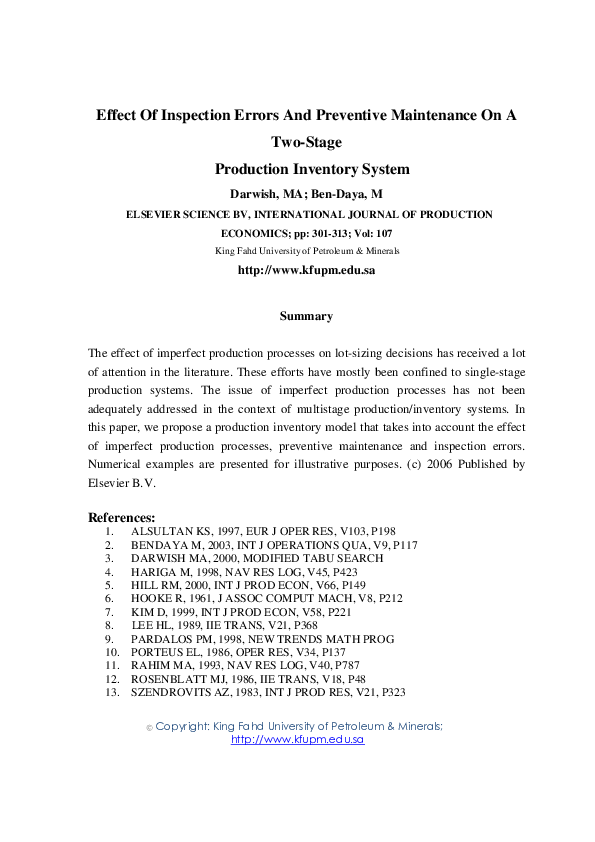 (PDF) Effect Of Inspection Errors And Preventive Maintenance On A Two ...