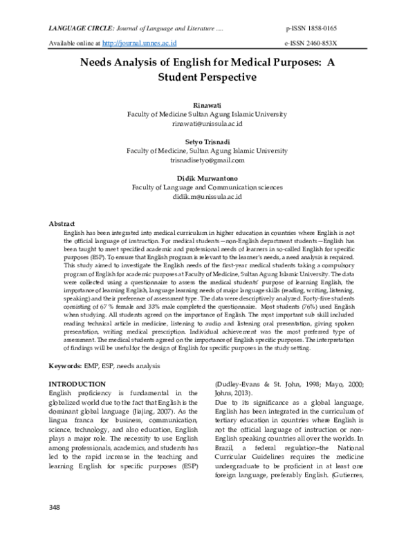 (PDF) Needs Analysis of English for Medical Purposes: A Student Perspective