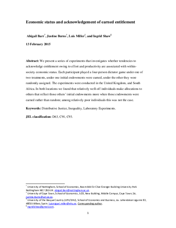 (PDF) Economic status and acknowledgement of earned entitlement