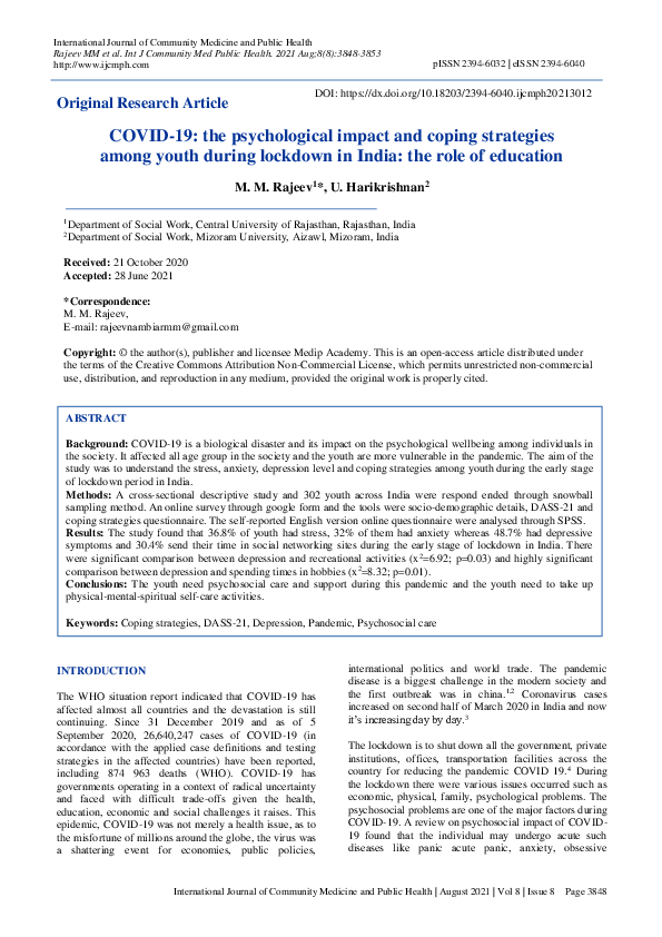 (PDF) COVID-19: the psychological impact and coping strategies among ...