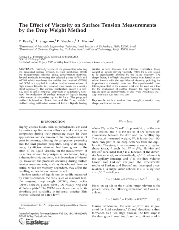 (PDF) The effect of viscosity on surface tension measurements by the