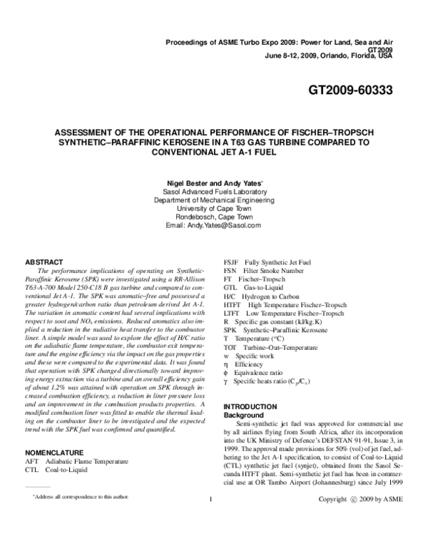 (PDF) Assessment of the Operational Performance of FischerTropsch