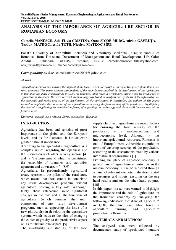 (PDF) Analysis of the importance of agriculture sector in Romanian economy