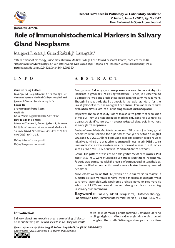 (PDF) Role of Immunohistochemical Markers in Salivary Gland Neoplasms