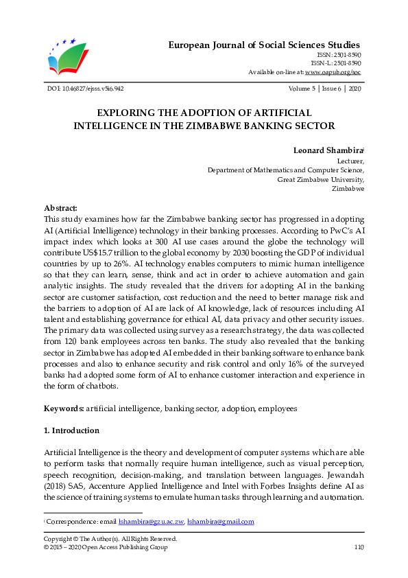 (PDF) Exploring the Adoption of Artificial Intelligence in the Zimbabwe ...