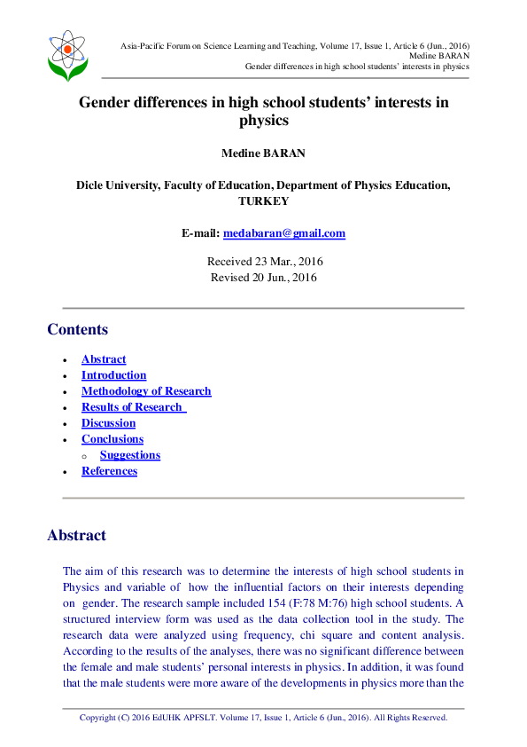 (PDF) Gender Differences in High School Students' Interests in Physics
