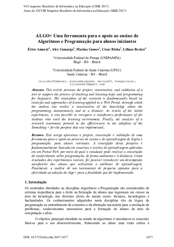 (PDF) ALGO+ Uma ferramenta para o apoio ao ensino de Algoritmos e ...