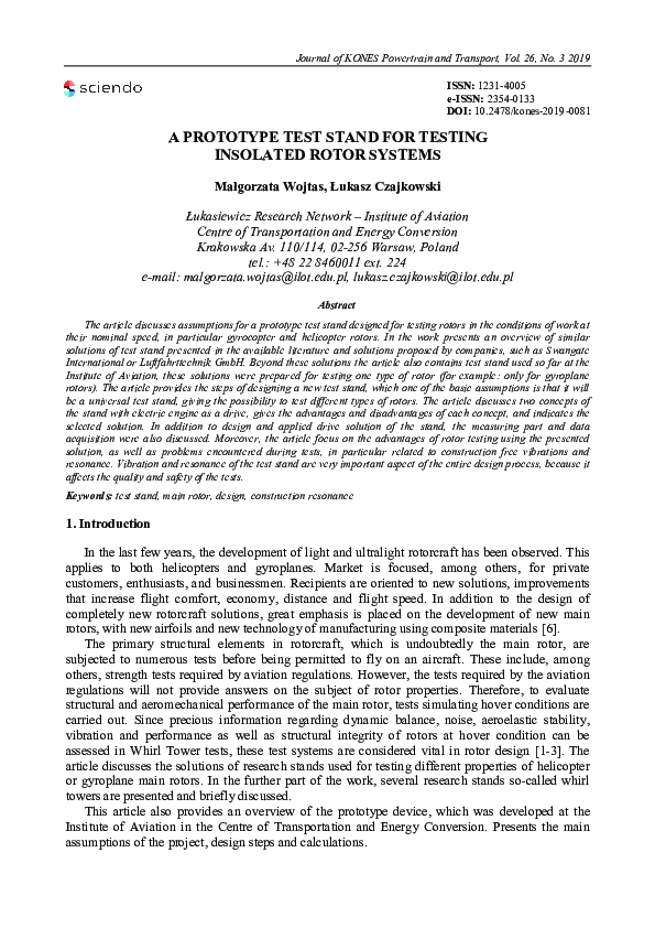 (PDF) A Prototype Test Stand for Testing Insolated Rotor Systems