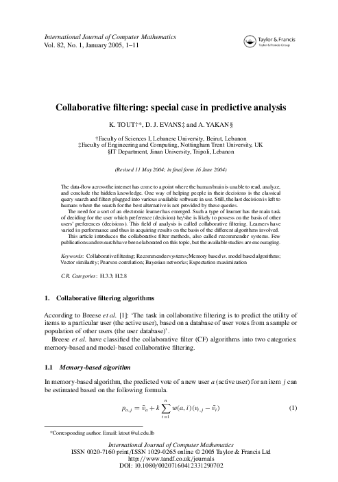 (PDF) Collaborative filtering: special case in predictive analysis
