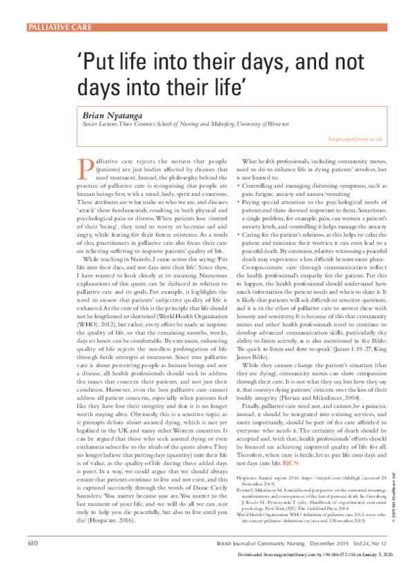 (PDF) Put life into their days, and not days into their life