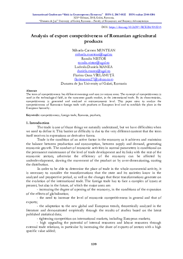 (PDF) Analysis of export competitiveness of Romanian agricultural products