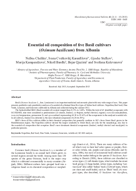 (PDF) Essential oil composition of five Basil cultivars (Ocimum ...