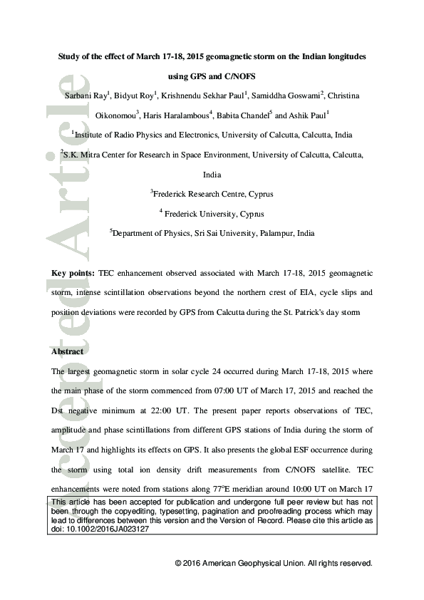 (PDF) Study of the effect of 17–18 March 2015 geomagnetic storm on the ...