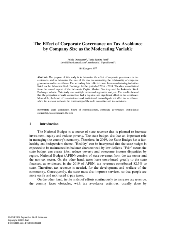 (PDF) The Effect of Corporate Governance on Tax Avoidance by Company ...