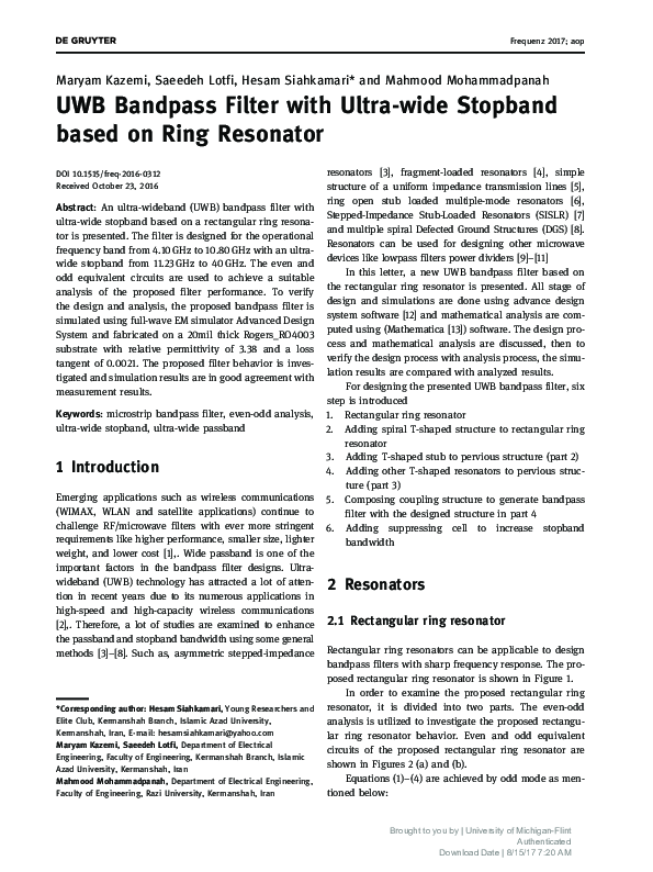 UWB Bandpass Filter with Ultra-wide Stopband based on Ring Resonator