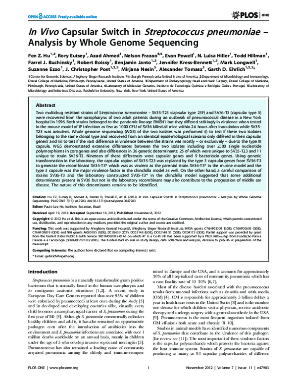 (PDF) In Vivo Capsular Switch in Streptococcus pneumoniae – Analysis by ...