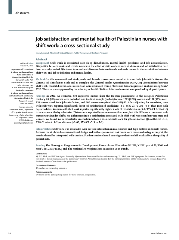 (PDF) Job satisfaction and mental health of Palestinian nurses with ...