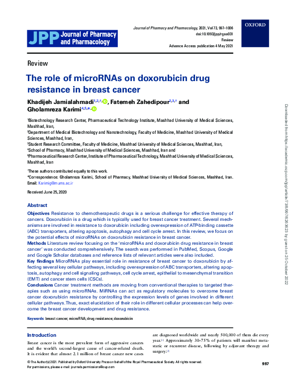 (PDF) The role of microRNAs on doxorubicin drug resistance in breast cancer