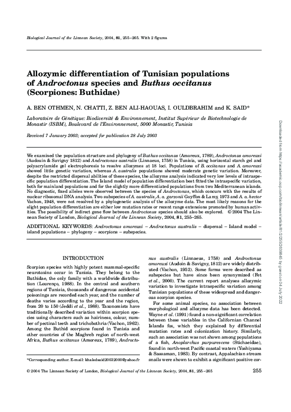 (PDF) Allozymic differentiation of Tunisian populations of Androctonus