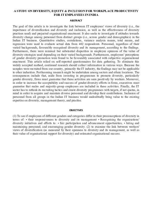 (DOC) A STUDY ON DIVERSITY, EQUITY & INCLUSION FOR WORKPLACE ...