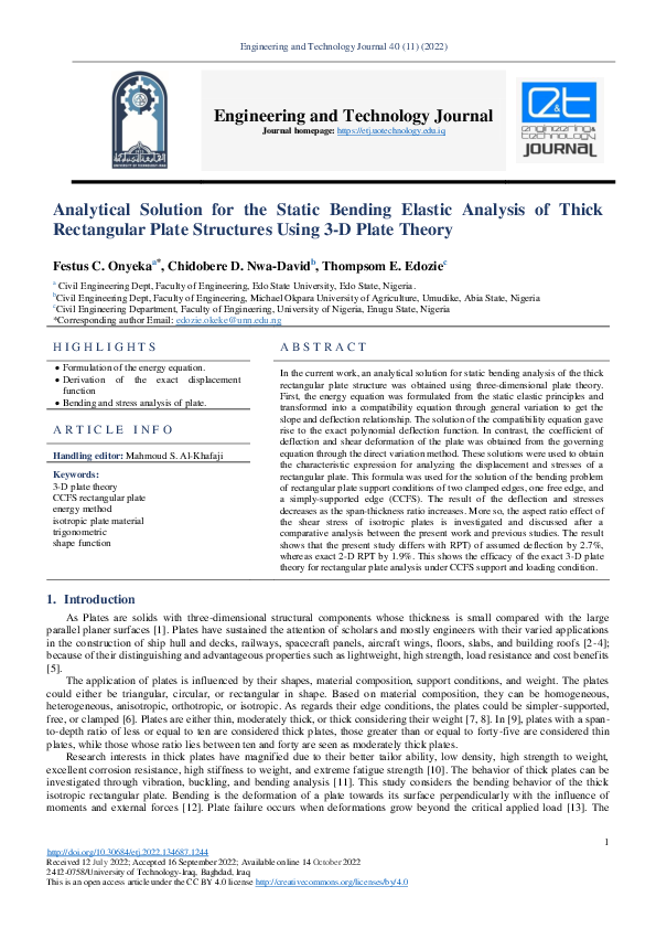 (PDF) Analytical Solution for the Static Bending Elastic Analysis of ...