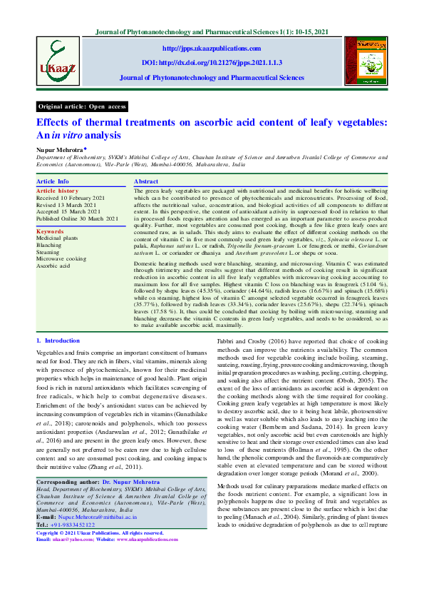 (PDF) Effects of thermal treatments on ascorbic acid content of leafy ...