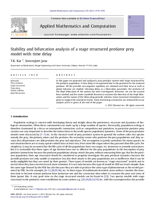 (PDF) Stability and bifurcation analysis of a stage structured predator ...