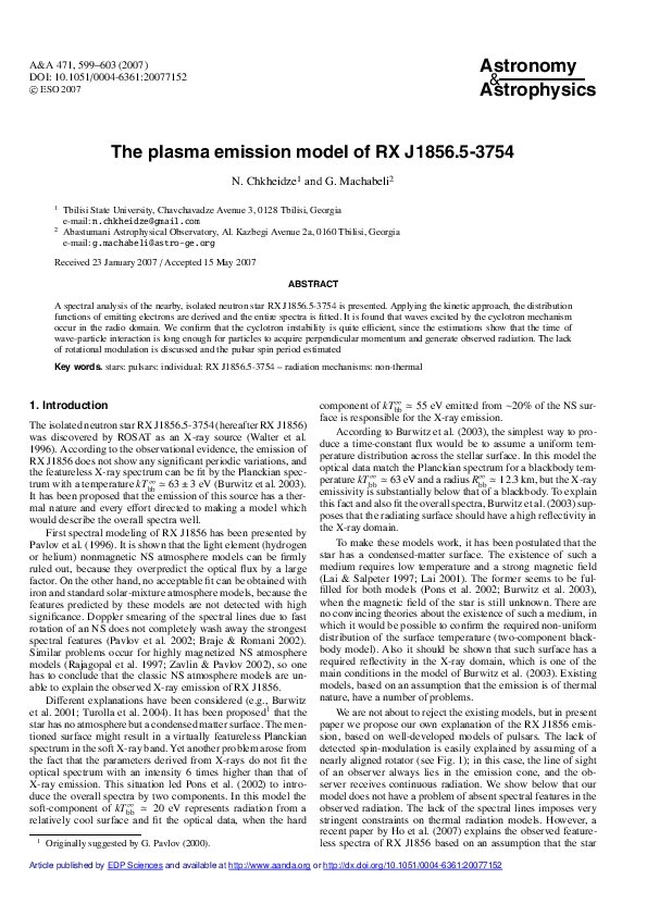 (PDF) The plasma emission model of RX J1856.53754 G. Machabeli