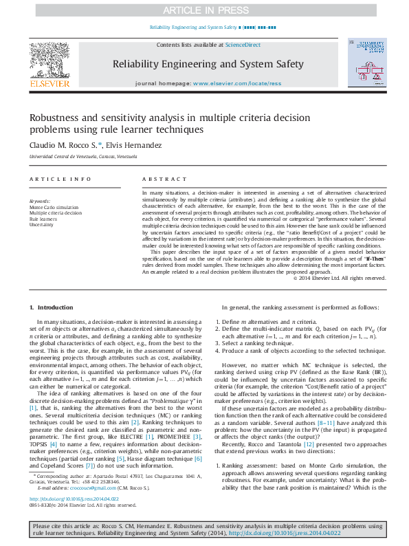 (PDF) Robustness and sensitivity analysis in multiple criteria decision ...