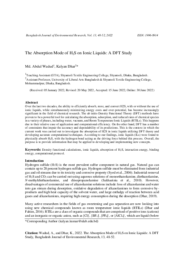(PDF) The Absorption Mode of H2S on Ionic Liquids: A DFT Study