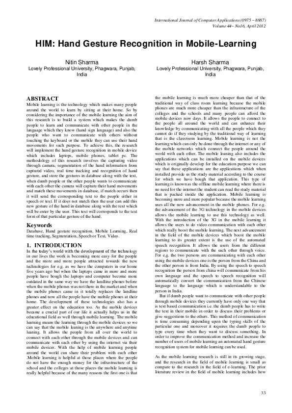 (PDF) HIM: Hand Gesture Recognition in Mobile-Learning