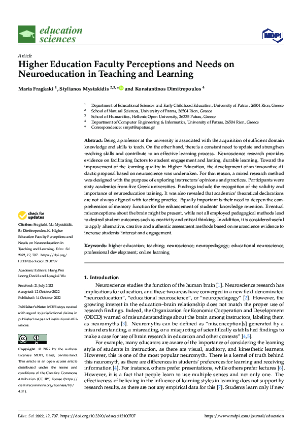 (PDF) Higher Education Faculty Perceptions and Needs on Neuroeducation ...